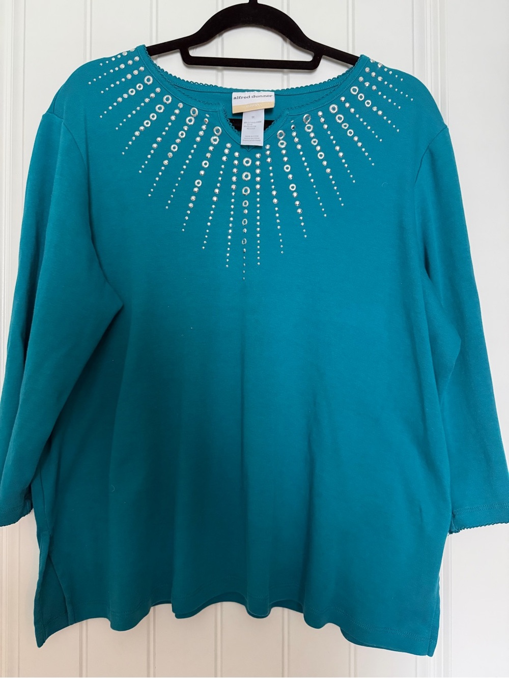 Alfred Dunner Teal Crewneck Sweatshirt with Silver Stud Detailing